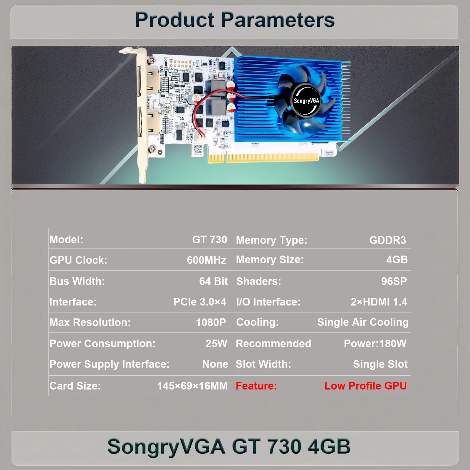 SongryVGA GT 730 4GB Graphics Card,GDDR3 128 Bit PCIe 2.0 x16 2HDMI 1080P Low Profile Video Card Compatible SFF/Thin ITX/HTPC PC
