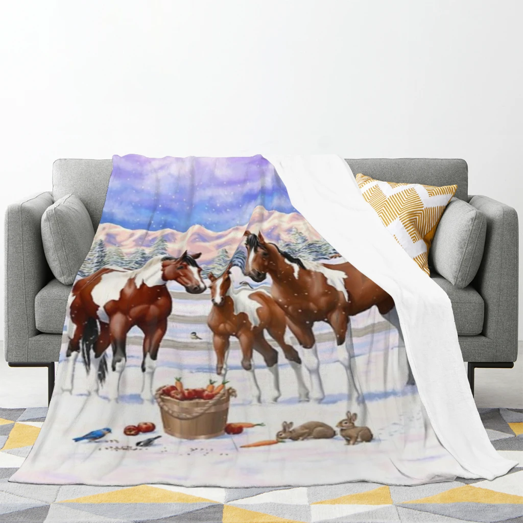 Bay Pinto Paint Quarter Horses Blanket Flange Textile Decor Portable Super Soft Throw Blankets for Home Office Plush Thin Quilt