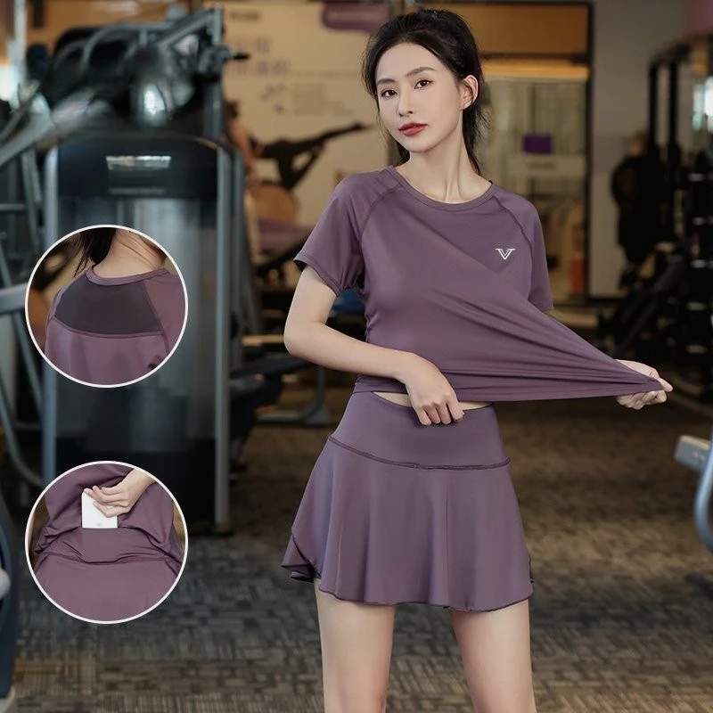 Women's Running Suits Short Sleeve Mesh Phone Pocket Pleated Skort Quick Dry 2 Piece Workout Gym Fitness Sports Training Gear