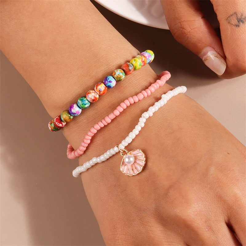 3-teiliges Set Modische Handgefertigte Perlenarmbänder für Frauen, Legierungs-Muschel-Herz-Anhänger-Armbänder, Schmuckgeschenke für Mädchen, Party, Festival – Detail 6