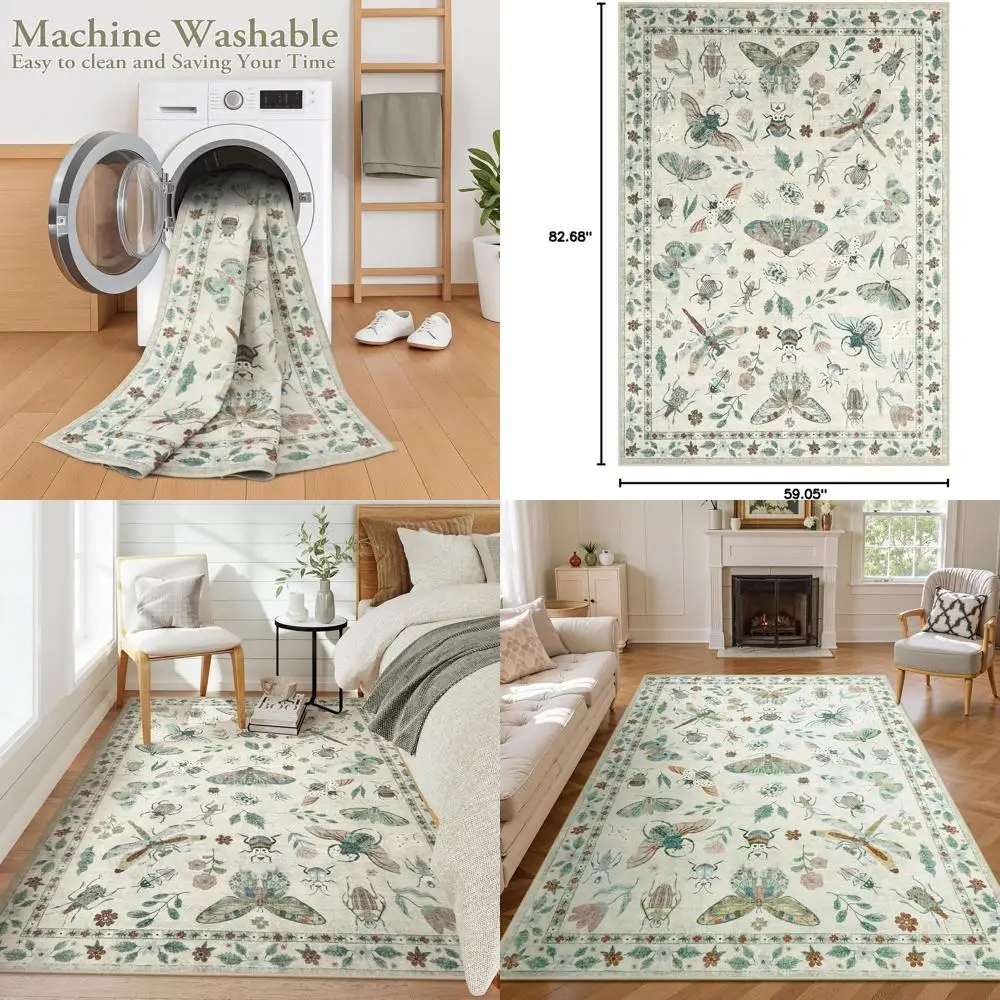 

5x7 Insect Pattern Washable Rugs, Soft and Thin for Living Spaces, Modern Bedroom, Stain-Resistant Dining & Kids Room Carpet (Be