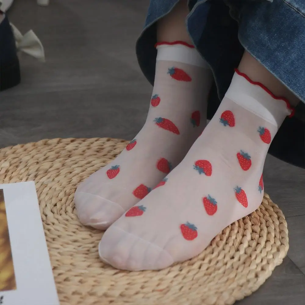 Peach Strawberry Glass Silk Ruffle Socks Avocado Ultra Thin Transparent Flower Ruffle Socks Korean Cherry