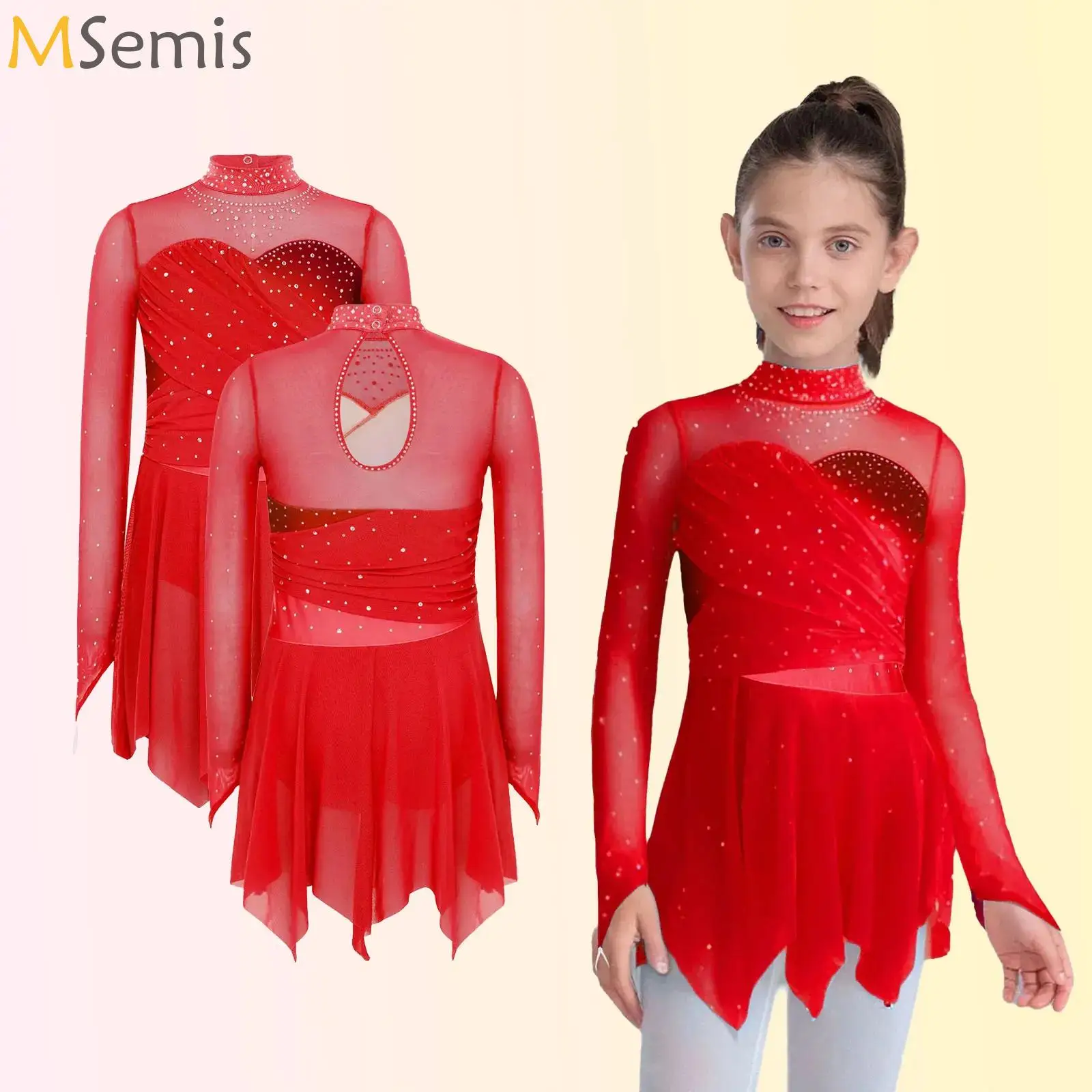 

Kids Girls Rhythmic Gymnastics Leotard Tutu Dress Long Sleeves Tulle Ruched Mesh Girls Figure Ice Skating Competition Dress
