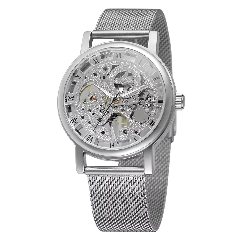 

ЧАСЫ ПОБЕДИТЕЛЬ Модный минималистичный серебряный циферблат с римскими цифрами, роскошная мужская сетка с задержкой и наручные механические часы