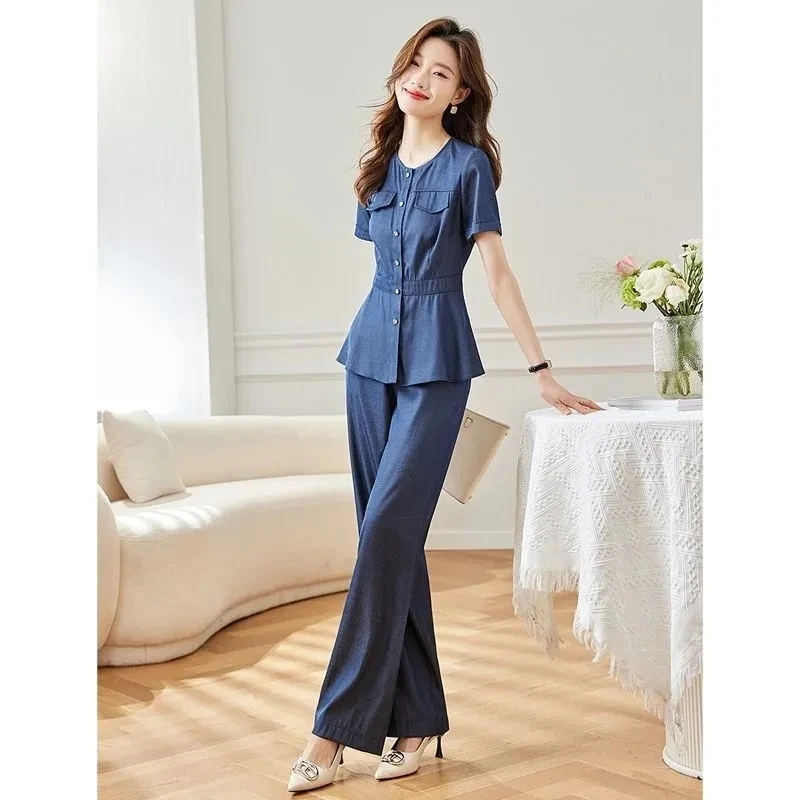 Summer New Temperament Jeans Sets Women Fashion Short Sleeve Cardigan Denim Shirts + Straight Pants 2-piece Suit Women Outfits