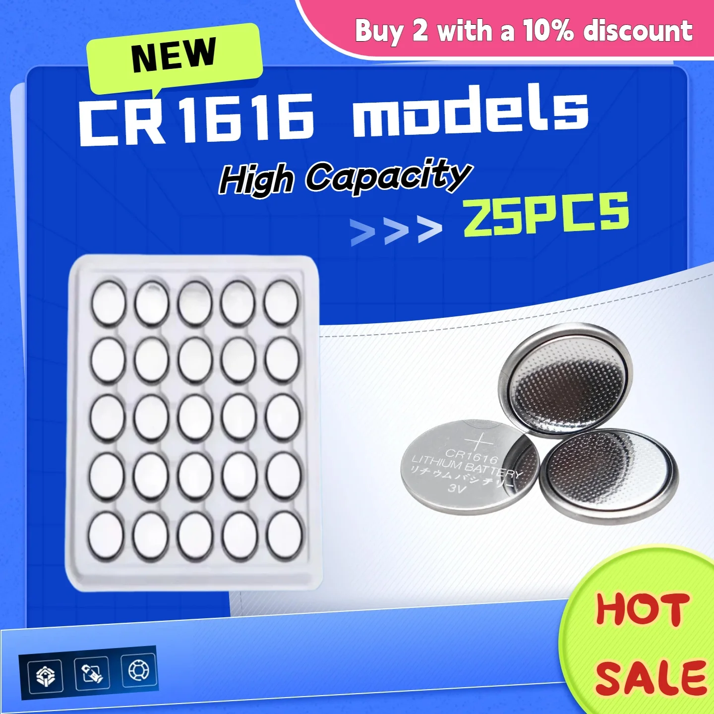 CR1616 3V 50mAh Lithium Button Cell Battery, DL1616 BR1616 Compatible, High Quality for Watch and Car Remote Control