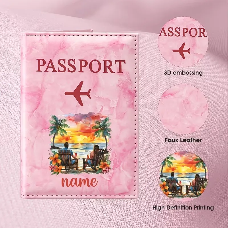 Personalized Name Tropical Sunset Coconut Grove Illustration Design PU Passport Holder, Featuring a Silhouette of a Couple