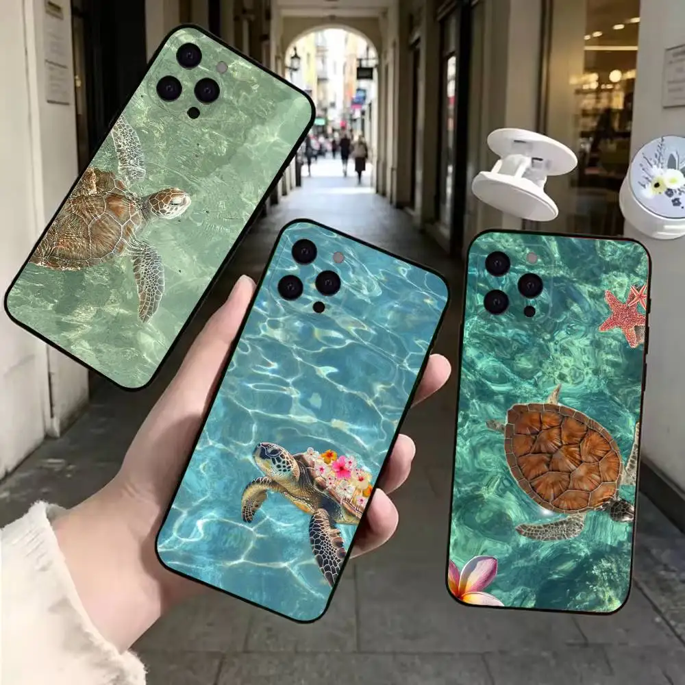 Sea Turtle With Shells Black Soft Dustproof Cell Phone Case For iPhone 11,12,13,14,15,16,17,16E Pro Max Mini Air Plus