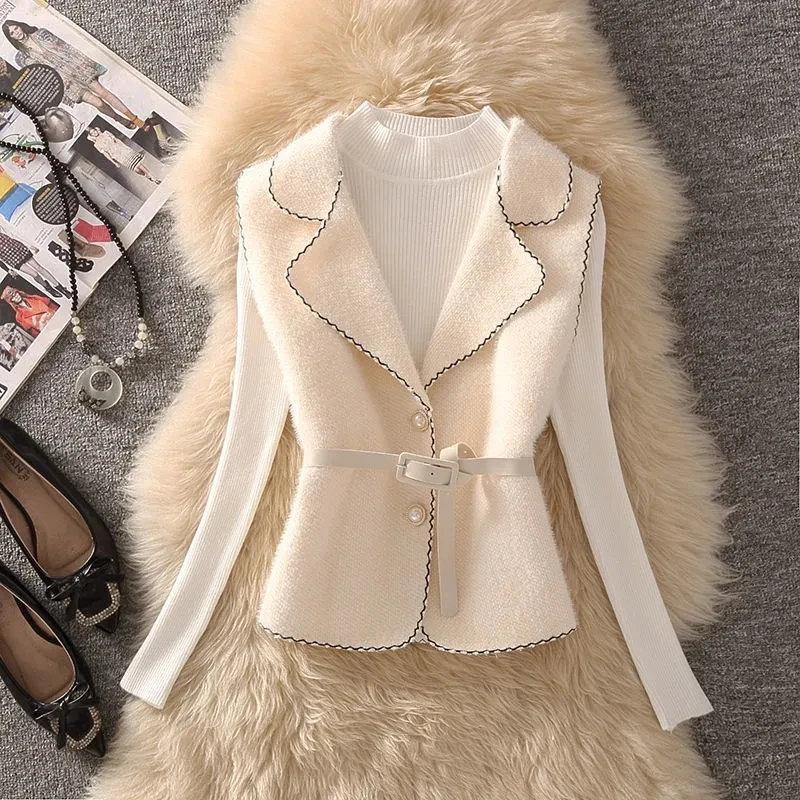 Spring Autumn Vest Coat New Small Fragrant Style Women Suits Outfit Elegant Slim Woolen Vest + Sweater + knitted Dress Set 3PCS