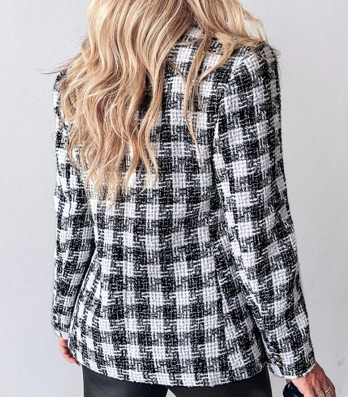 Winter 2024 Fashion Tweed Plaid Pattern Double Breasted Blazer Women Suit Coat