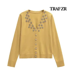 TRAF ZR Yellow Cardigan Ladies Long Sleeve Women's Autumn Sweater Knitwear Cozy Sweaters Diamond Jewelry V-neck Knit Cardigan