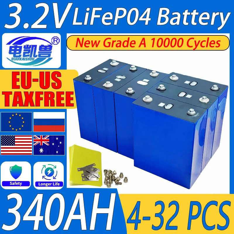 

DIY 48 В 24 В 12 В Новый 4-32 шт. 3,2 В 340 Ач класс A Lifepo4 Батарея Литий-железо-фосфатная аккумуляторная батарея ЕС/США беспошлинная торговля