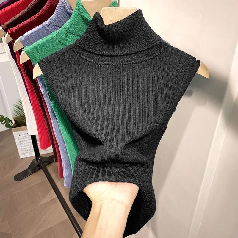 Suéter de cuello alto sin mangas para mujer, Top Delgado, camiseta interior verde, chaleco de punto con cuello vuelto, primavera y otoño, nuevo