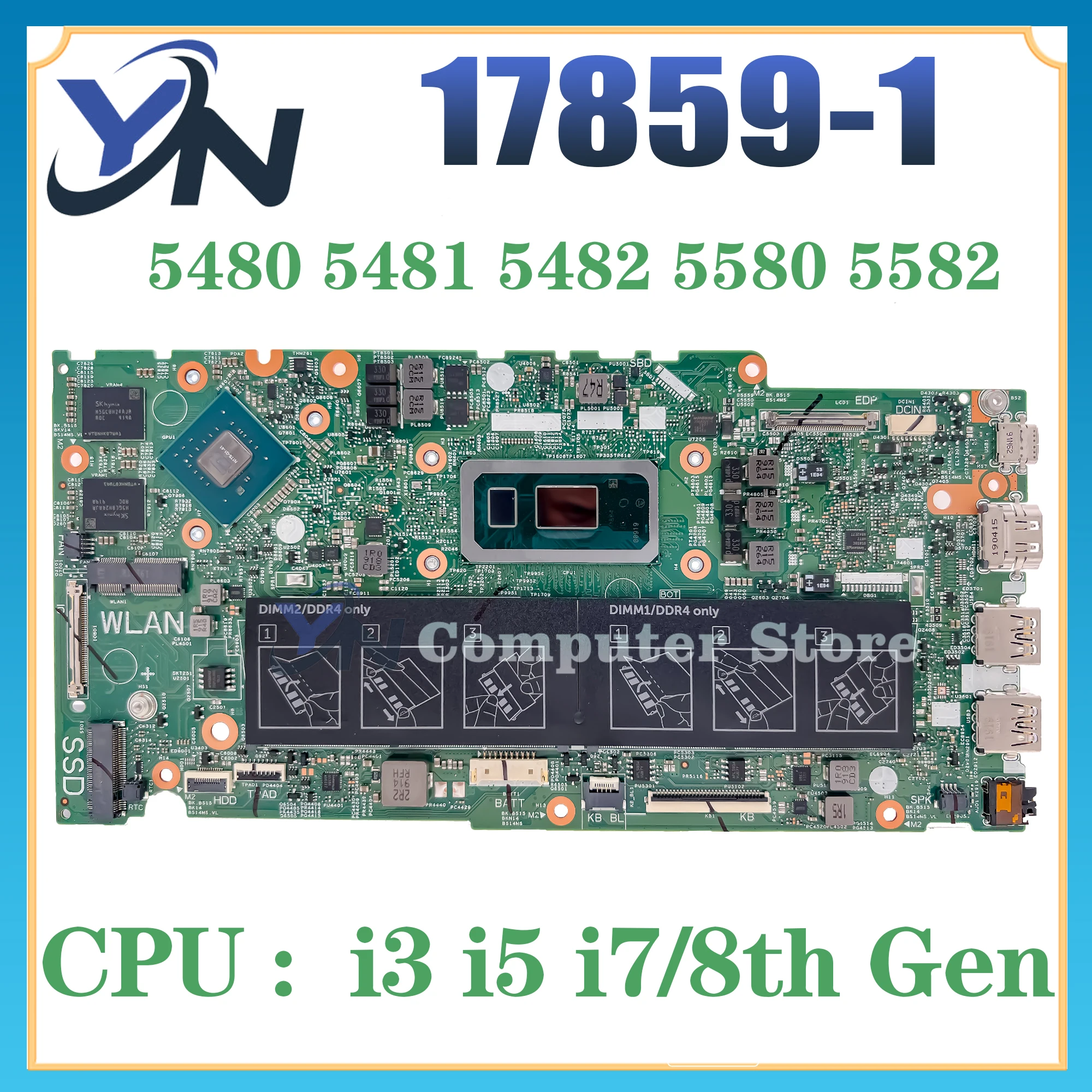 17859-1 Mainboard For Dell Inspiron 5480 5488 5580 5582 5481 5482 Laptop Motherboard i3 i5 i7 8th Gen V2G