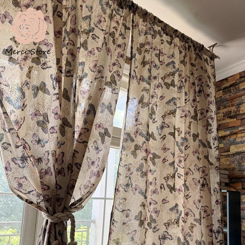 

American Countryside Finished Butterfly Retro Curtains for Living Room Simple Small Blackout Bedroom Partition Thermal Custom