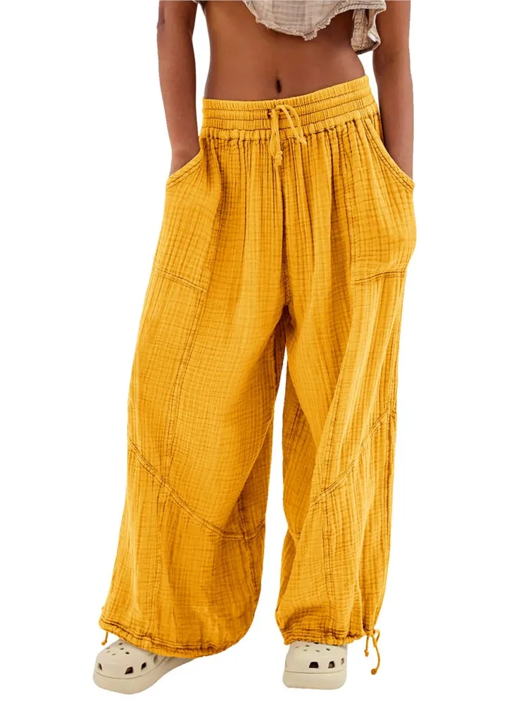 Beach Pants For Women Wide Leg Pants High Waist Drawstring Loose Pant With Pocket 2025 Solid Color Autumn Pantalones De Mujer