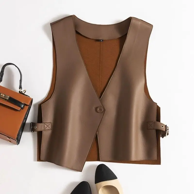 Sheepskin Vest Women Female Vintage Sewing Line Zipper V-neck Natural Leather Sling Outwear Brown Slimming Tank Top Chaleco Muje