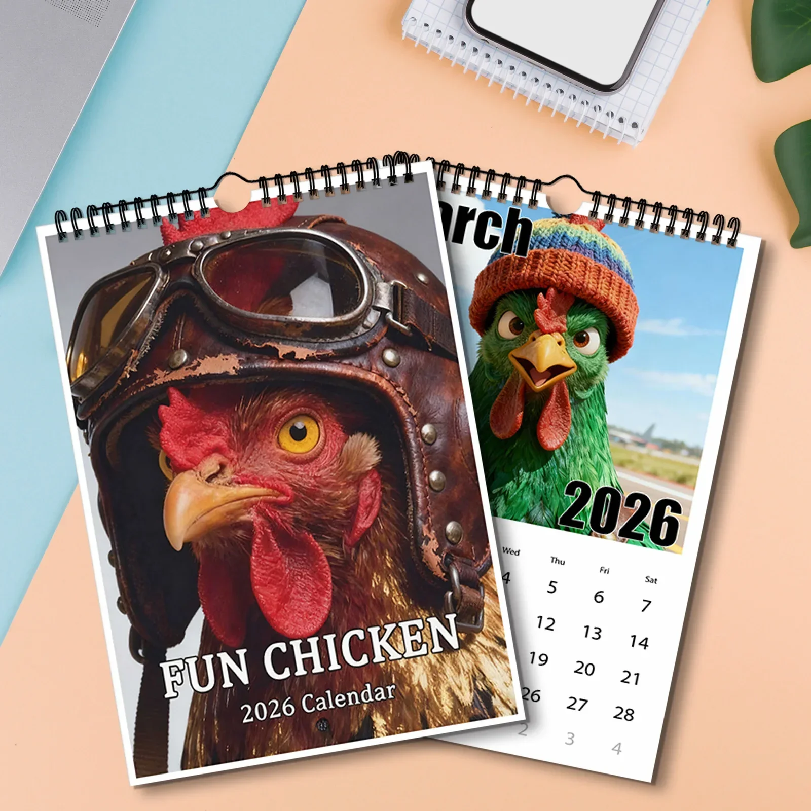 1PC 2026 Dressed Rooster Themed Wall Calendar, Whimsical & Creative Hanging Calendar for Art Lovers & Humor Fans