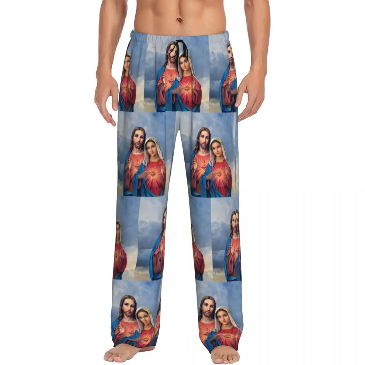 Custom Men's Sacred And Immaculate Hearts Pajama Pants Print Catholic Jesus and Mary Sleep Sleepwear Bottoms with Pockets