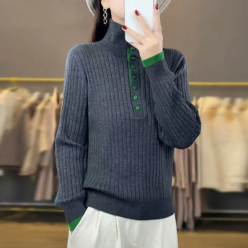 

Новый осенне-зимний женский вязаный свитер, пуловер с воротником-стойкой, вязаный джемпер с длинными рукавами, шерстяная рубашка, женские повседневные топы