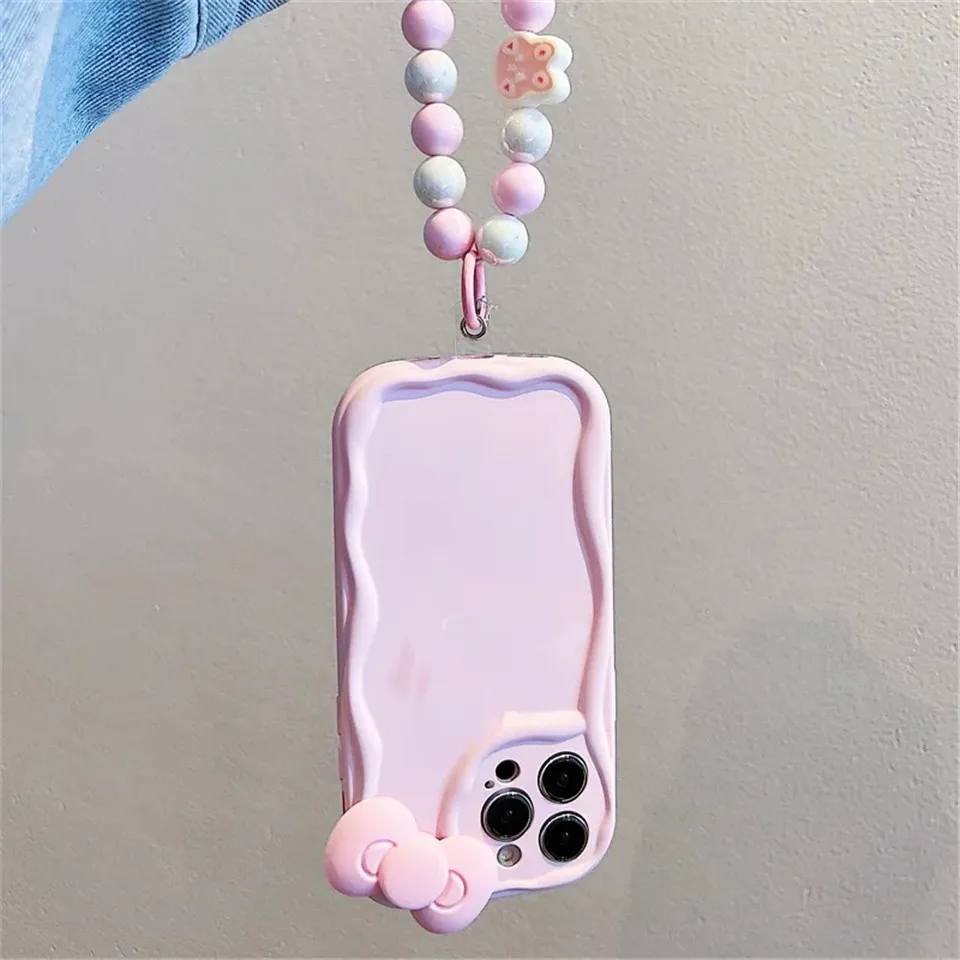 Cute 3D Pink Bow Flower Hang Round Bracelet Chain Phone Case For iPhone 14 Pro Max 11 12 13 X XR XS Max 7 8 Plus Candy Cover