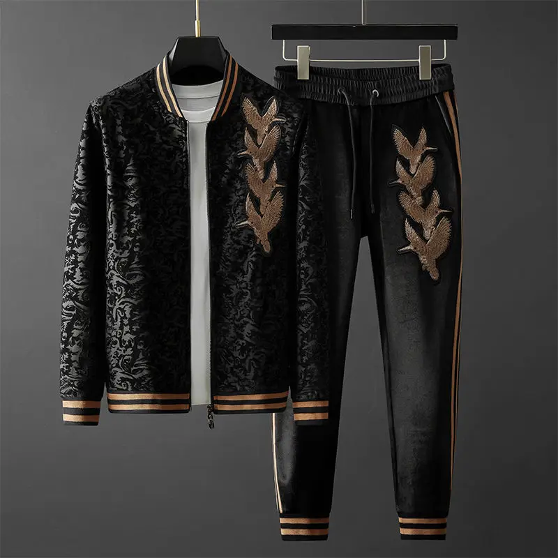 High quality men\'s cardigan sweater suit jacquard embroidery bird casual sports baseball suit fashion men\'s autumn set