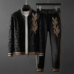 High quality men's cardigan sweater suit jacquard embroidery bird casual sports baseball suit fashion men's autumn set