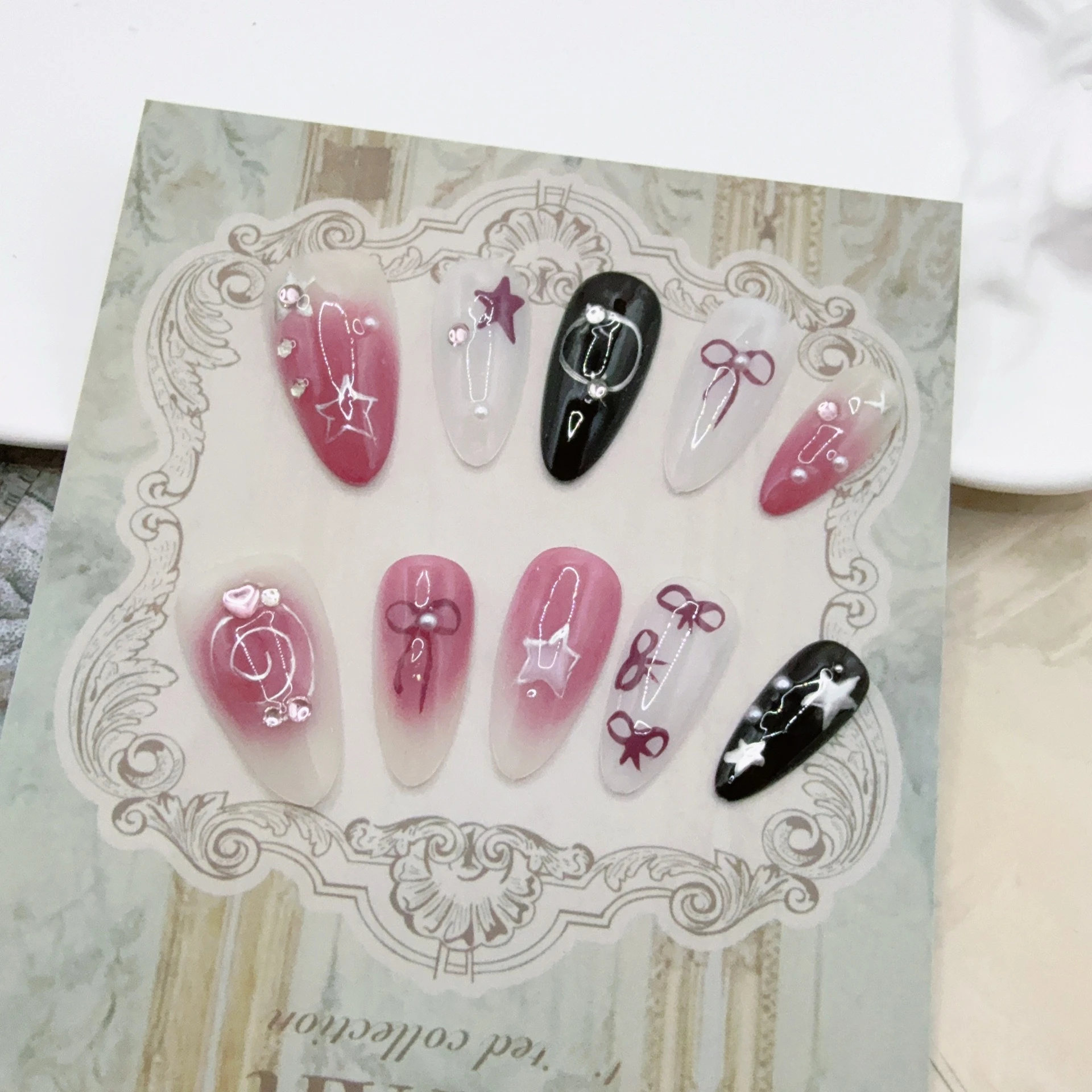 

10PCS Sweet Cool Style Press on Nails Almond Shape with Hand Painted Star Design Cute Luxury False Nails Handmade Fake Nails Art