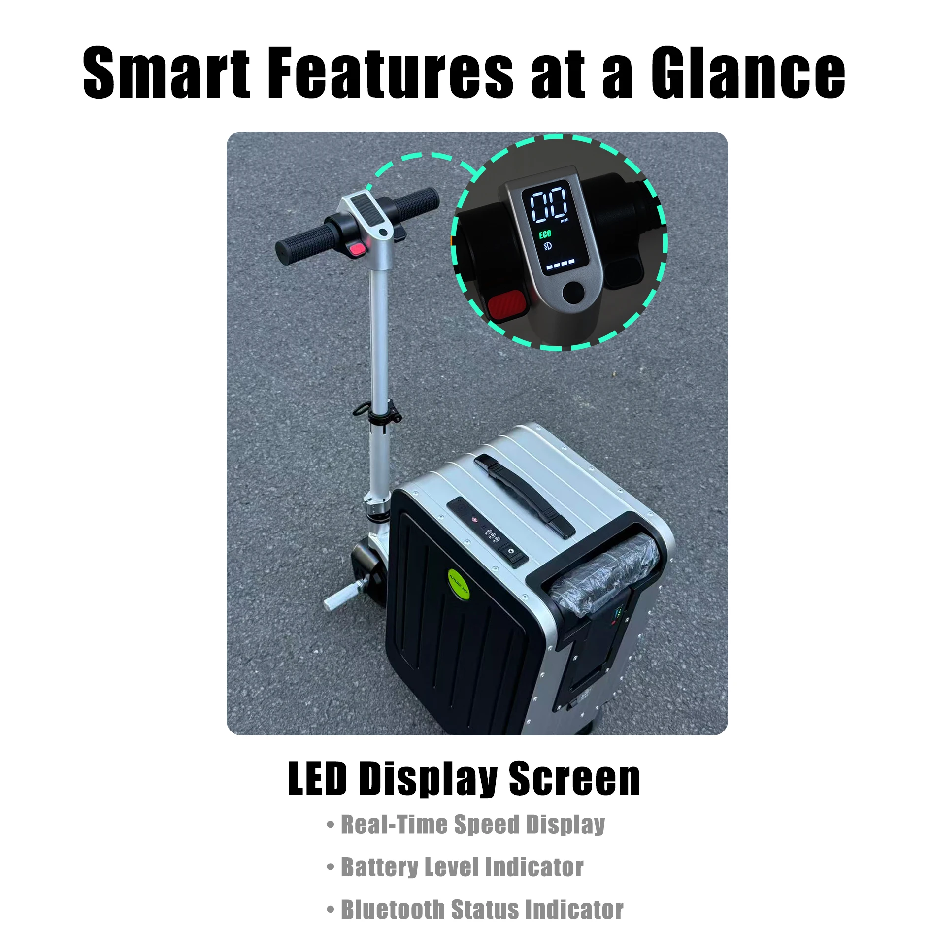 Customizable 20 Inch Electric Riding Luggage: Smart Aluminum Carry-On with Rotating Wheels