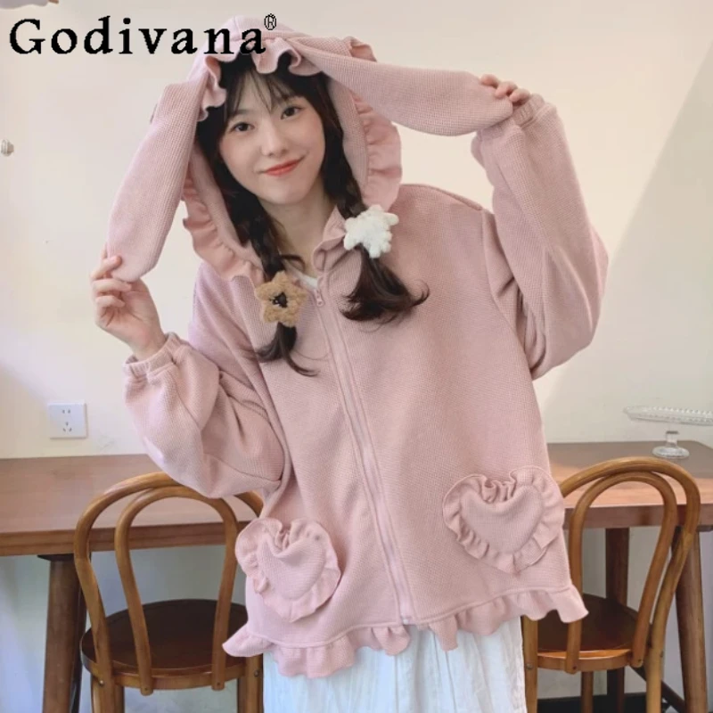 

2026 Spring New Pink Lace Lolita Cute Spring Loose Long Sleeve Hooded Jacket Fashion Girl Sweet Versatile College Zipper Tops