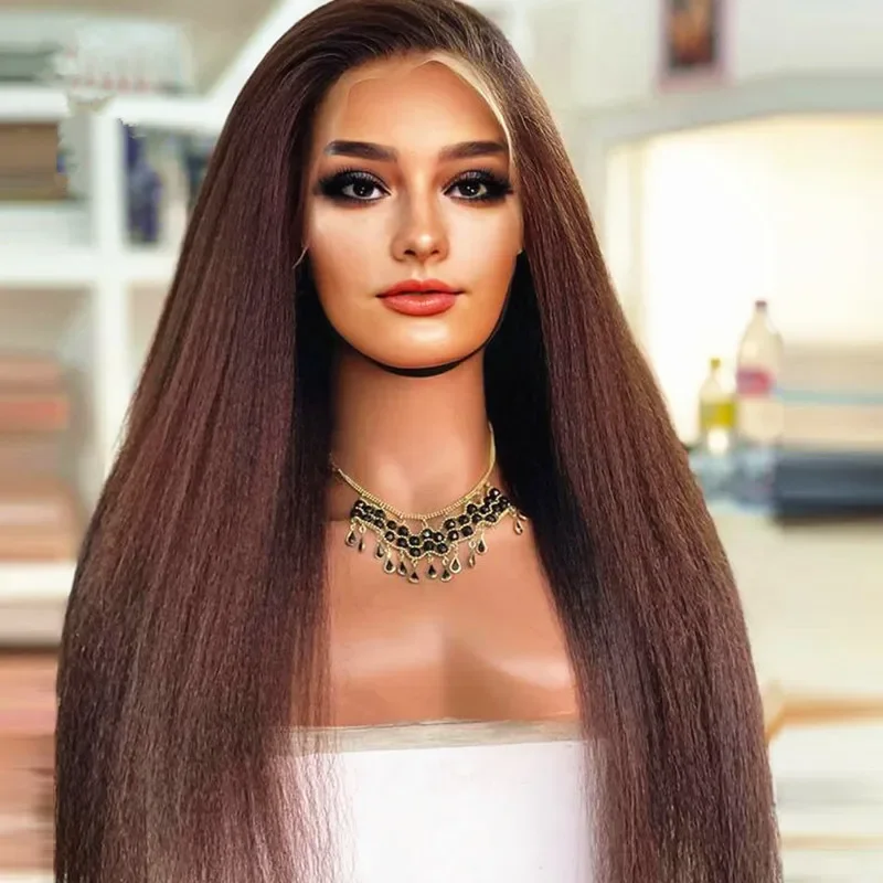 

Brown Yaki Kinky Straight 26 “Long 180Density Glueless BabyHair Lace Front Wig For Black Women Preplucked Heat Resistant Daily