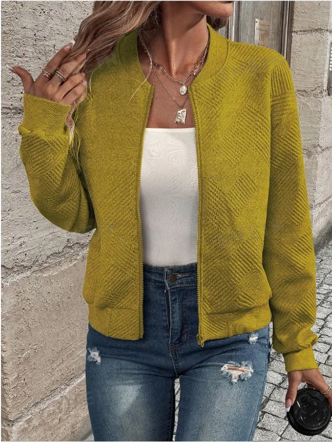 سترة نسائية خريفية محبوكة بأكمام طويلة وسحاب مزخرفة بلون سادة سترة للنساء