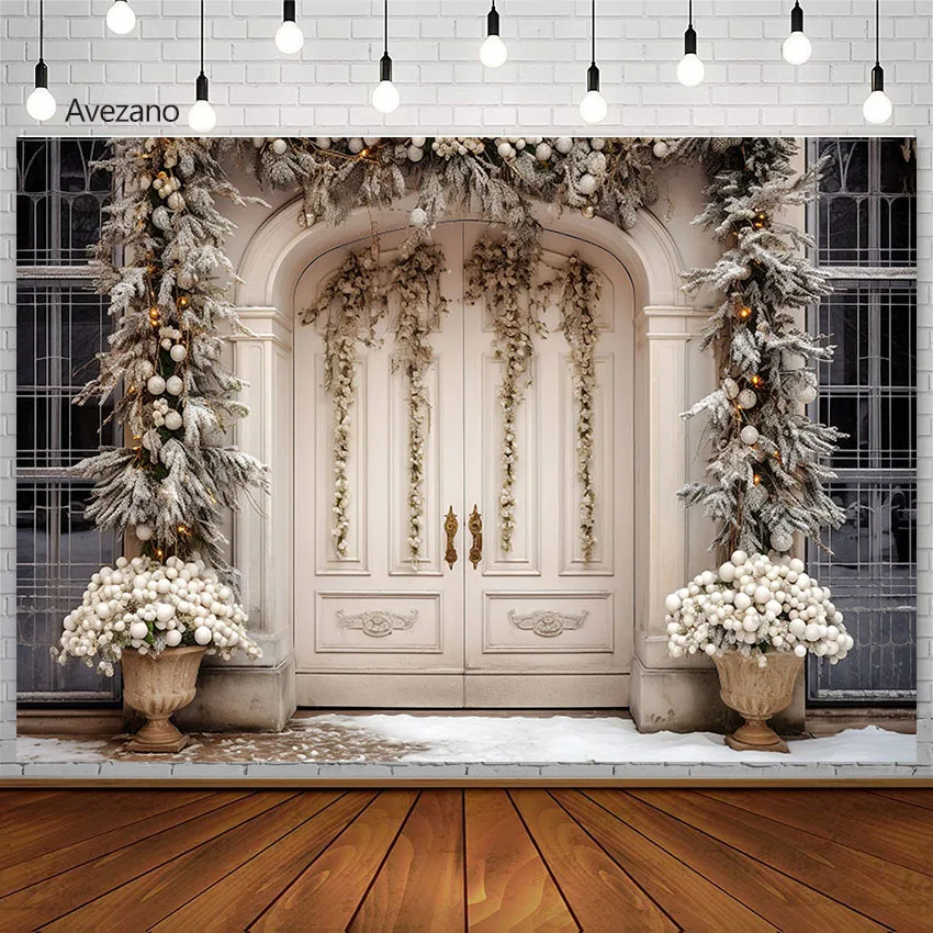 Avezano Photography Background Christmas Flower Outdoor Snow White European Style Door Portrait Photo Backdrop Photobooth Props