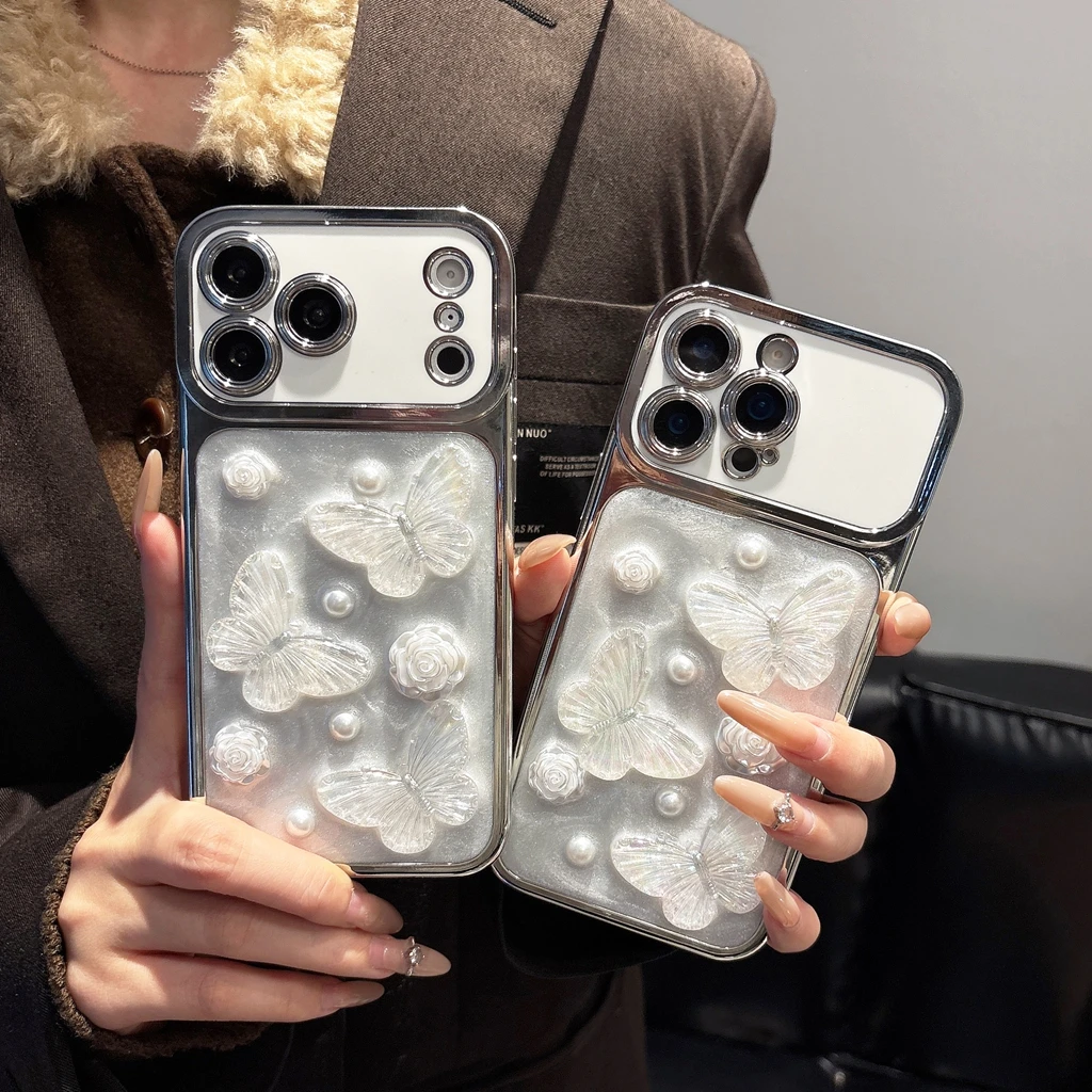 

Electroplating Large Window Glitter 3D Butterfly Rose Pearl Relief Phone Protect Cover Case for iPhone 17 16 15 14 Pro Max