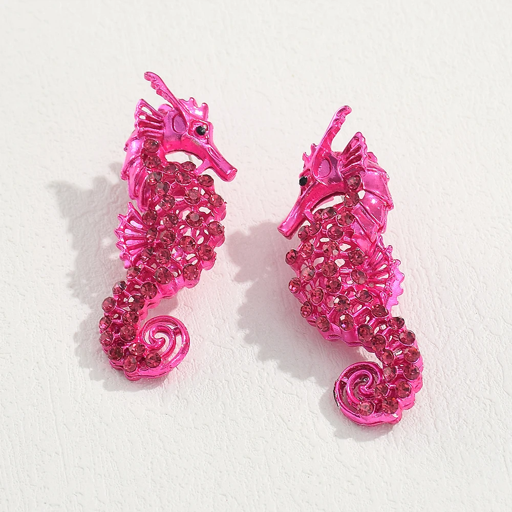 Exaggerated Metal Rose Red Seahorse Dangle Earrings for Women Funny Animal Hollow Rhinestone Stud Earrings Jewelry Party Gift