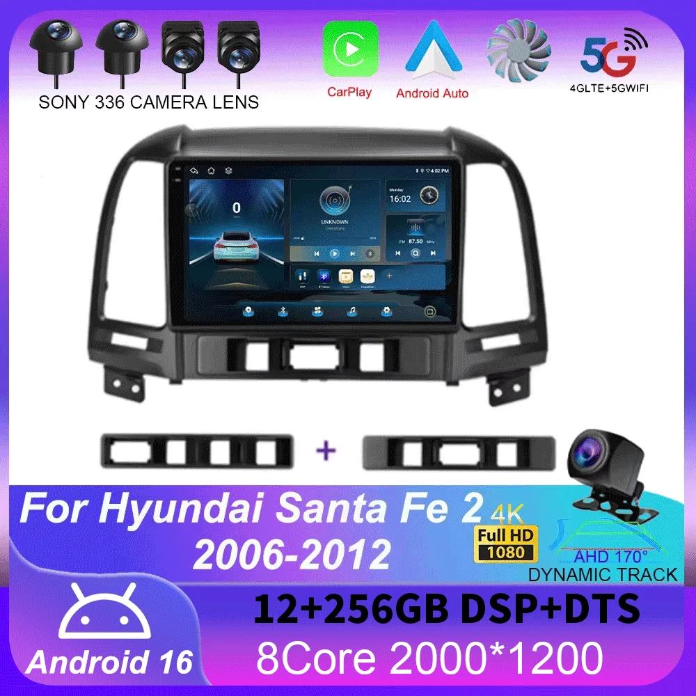 Android 16 Auto Radio For Hyundai Santa Fe 2 2006-2012 Carplay 4G Car Multimedia Player GPS Navigation 2 Din Autoradio Stereo BT