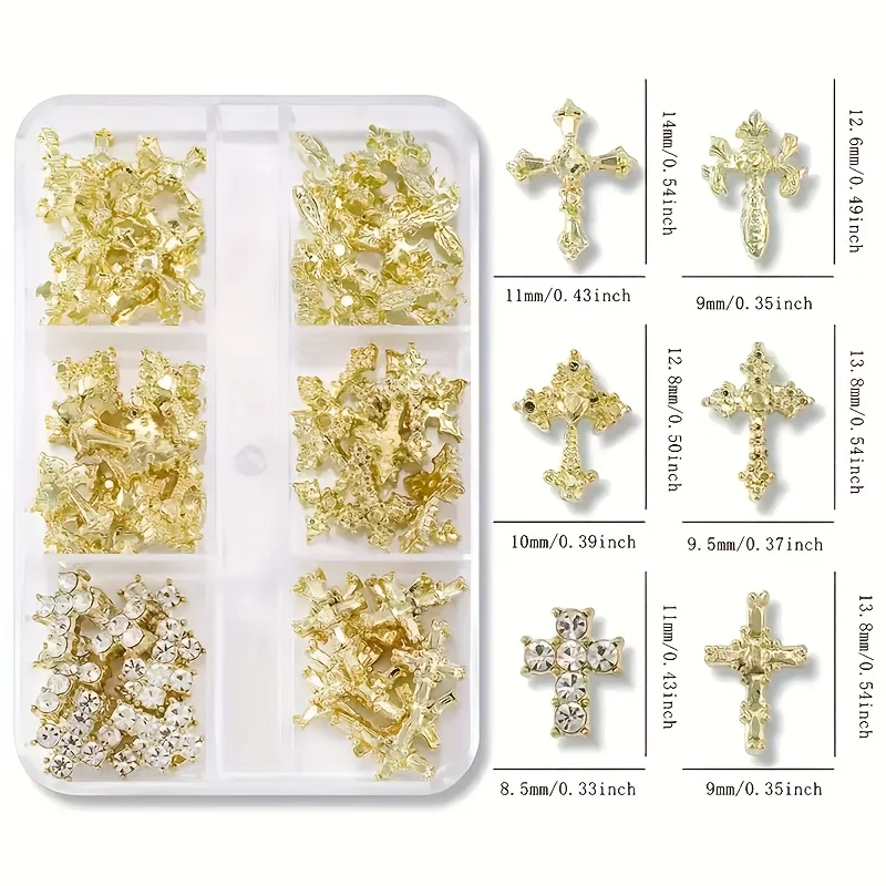 30 pieces per box, gold and silver cross nail accessories, internet famous retro punk style nail diamonds, super sparkling alloy