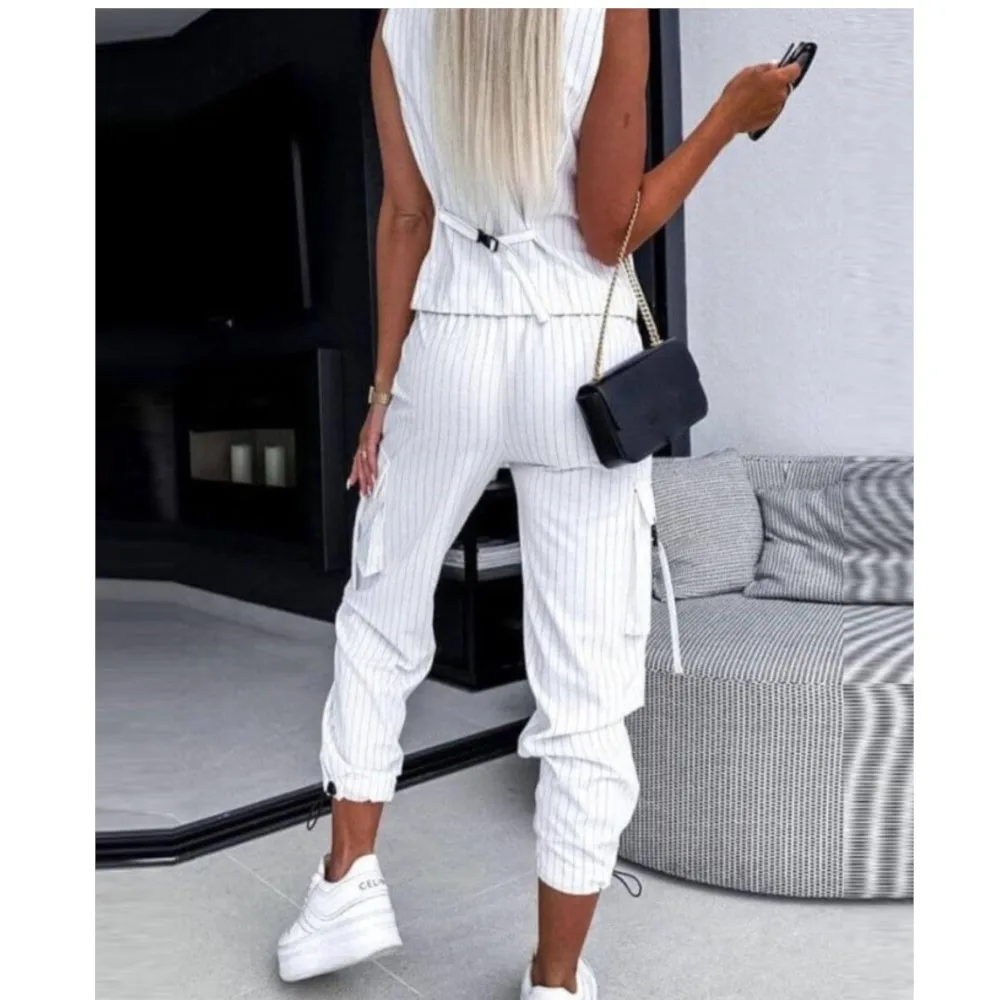 المرأة موضة مخطط مطبوعة سترة بنطلون 2 قطعة مجموعة الربيع الصيف جديد سترة دون أكمام جيب العمل السراويل الإناث مجموعة