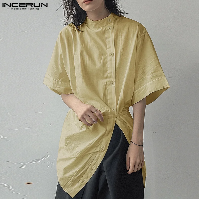 INCERUN Men Irregular Shirt Solid Color Stand Collar Half Sleeve Casual Men Clothing Streetwear 2024 Summer Korean Style Shirts