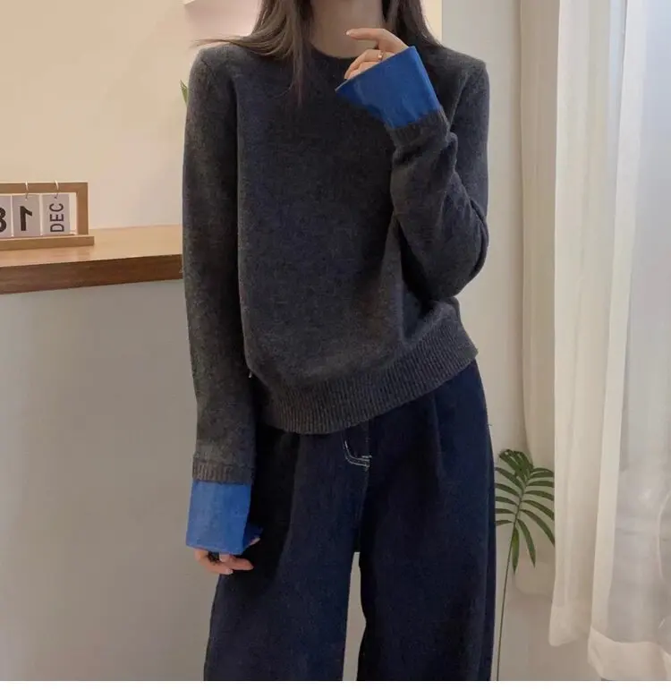 Design tailored denim shirt sleeve cashmere sweater women's new top round neck sweater