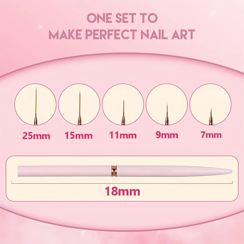 Profissional Nail Art Liner Brushes Set, pincel pintado à mão, ferramenta Manicure, novo, 5 pcs