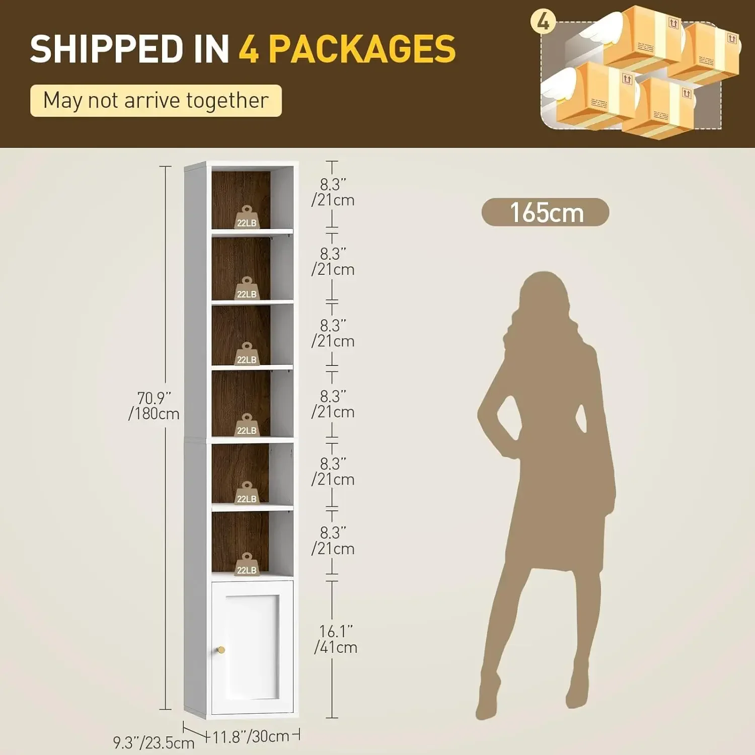 7-Tier Tall Narrow Bookshelf with Door Set of 4, 70.9 Inches CD DVD Slim Media Tower Rack with Storage Cabinet, Adjustable Shelv