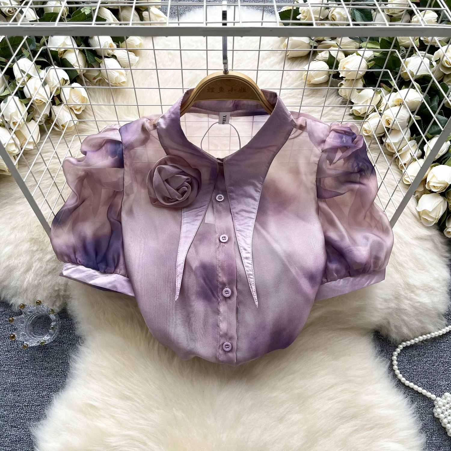 Women's Three-Dimensional Flower Shirt Bubble Sleeves Chic Casual shirt  Short Sleeve Lace Shirt Blusas