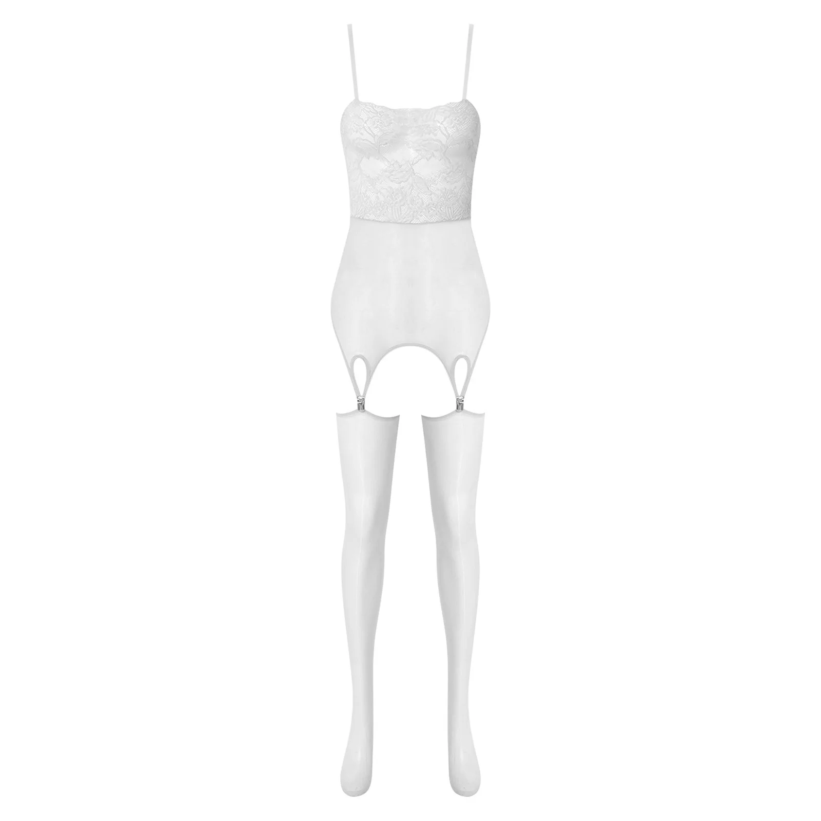 Womens See Through Minidress and Stockings Floral Lace Patchwork Sling Minidress with Garter Clips Tempting Lingerie Nightwear