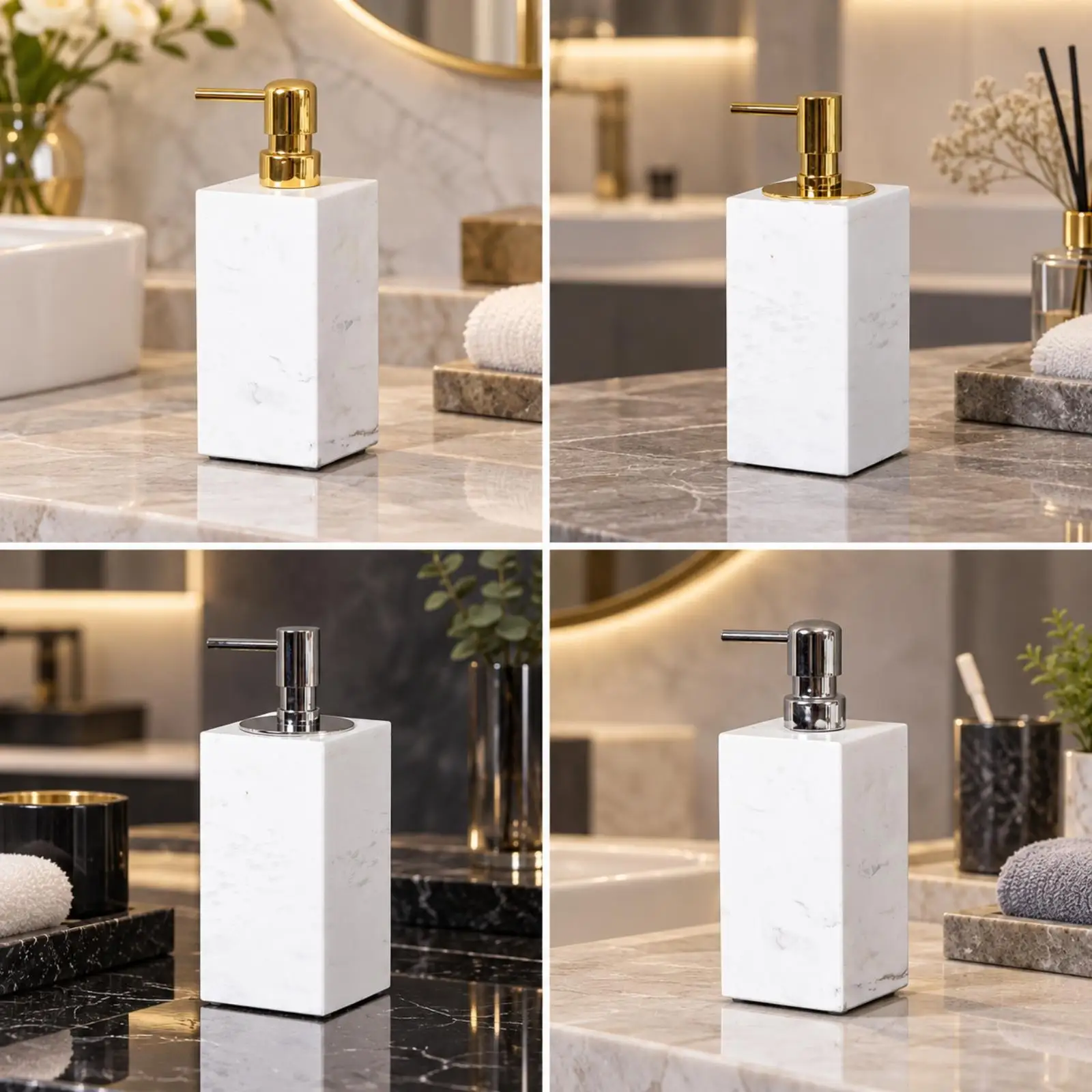 Elegant White Marble Soap Dispenser for Bathroom Countertop Square Liquid Soap Container with Pump for Home Use
