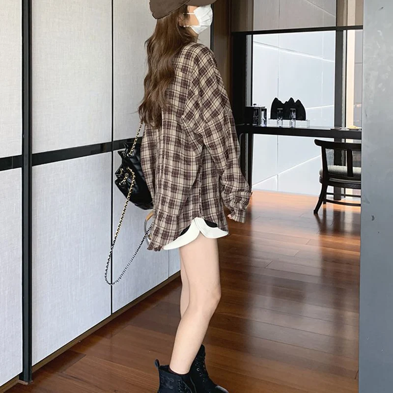 Rimocy Korean Style Plaid Oversized Shirt Women 2025 Harajuku Long Sleeve Vintage Blouse Woman Chic Wild Turn Down Collar Shirts