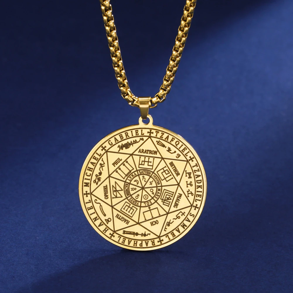 My Shape 7 Archangels Sigil Talisman Necklaces Men Boys Seal of Solomon Pendant Chain Stainless Steel Religious Amulet Jewelry