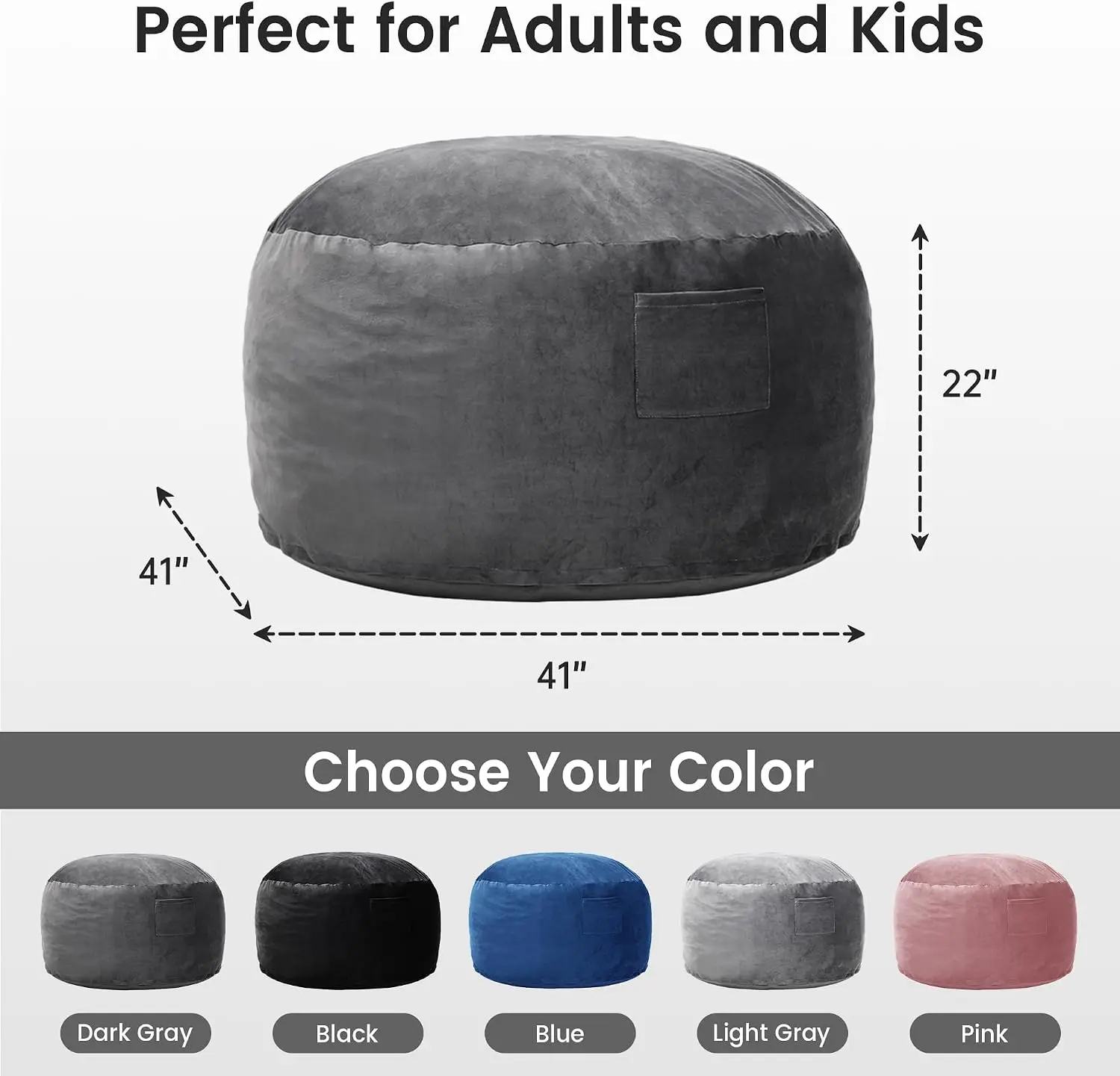 Bean Bag Chair with Filling Included, Large 4FT Comfy Bean Bag Chairs for Adults, Teens, Memory Foam, Machine Washable Thick Dutch Velvet Cover, for Living Room, Den, or Bedroom, Dark Grey view 2