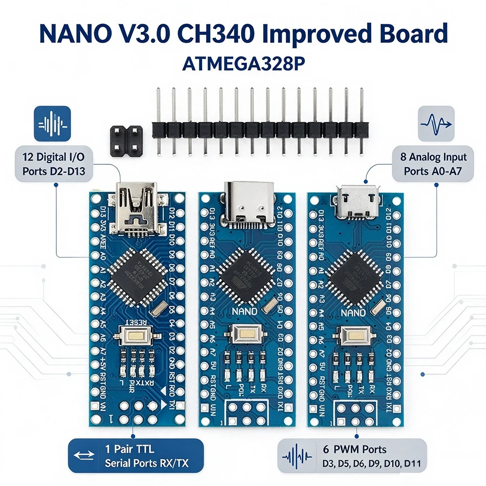 50PCS Nano V3.0 Microcontroller Board for Arduino with CH340 USB Driver, 16Mhz ATmega328P, for  Arduino