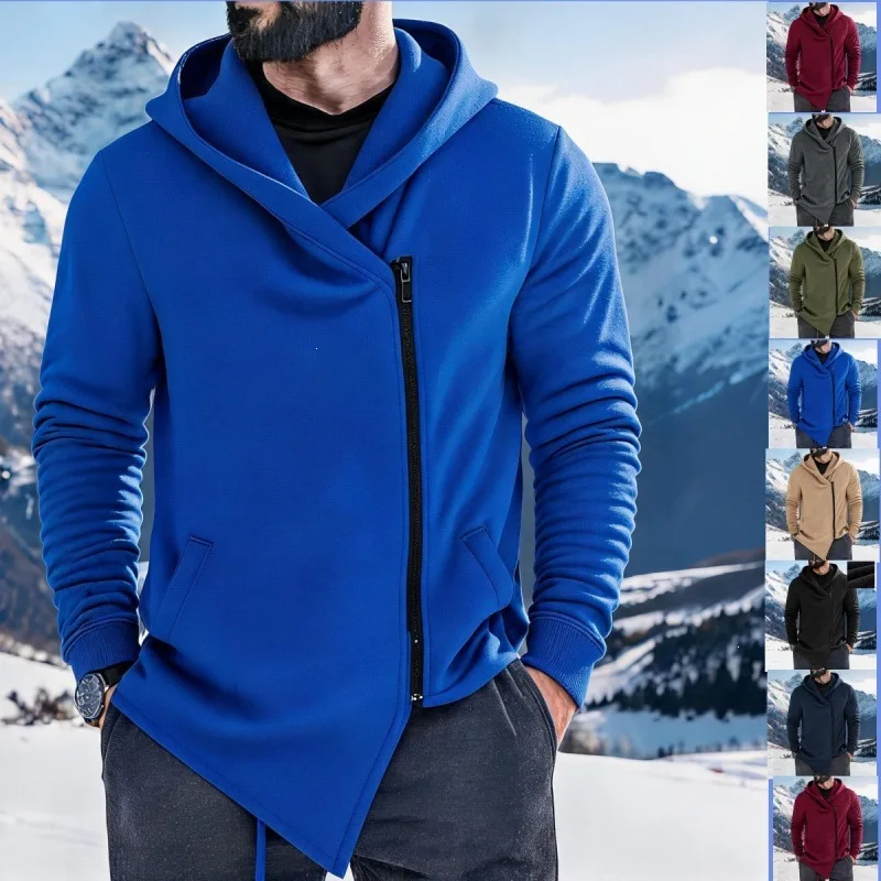 Asymmetrical Diagonal Zipper Hooded Sweatshirt Irregular Hem Long Sleeve Hoodie Solid Color Casual Streetwear Winter Warm Jacket